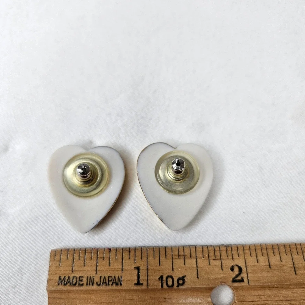 Vtg Heart Shape Porcelain Floral Stud Earrings White Pink Gold Tone‎ Romantic